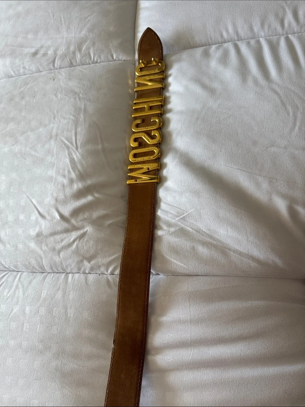 Authentic Moschino Beige Leather Belt with Large Gold Logo Letters